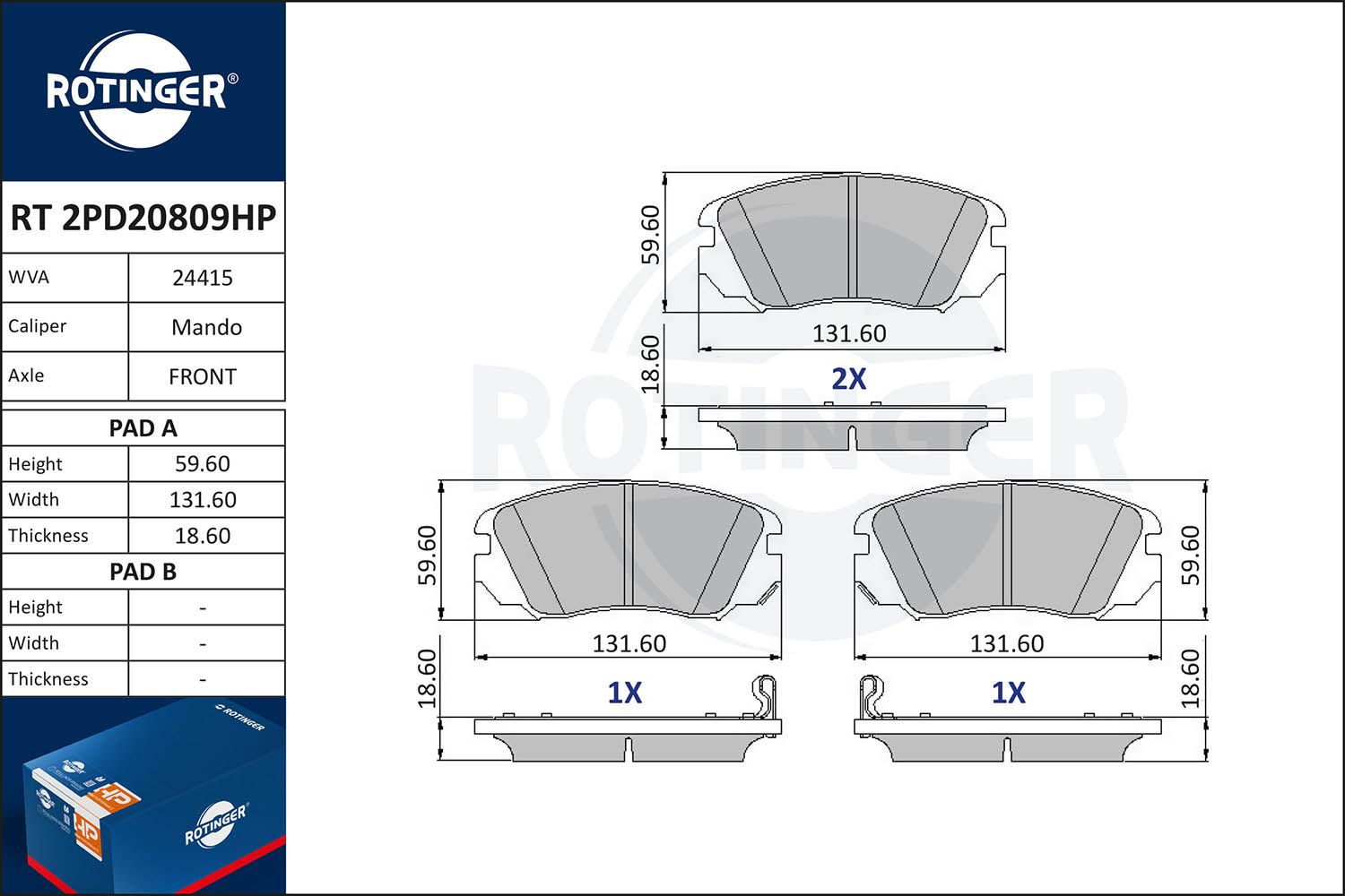 Zestaw klocków hamulcowych, hamulce tarczowe ROTINGER RT2PD20809HP