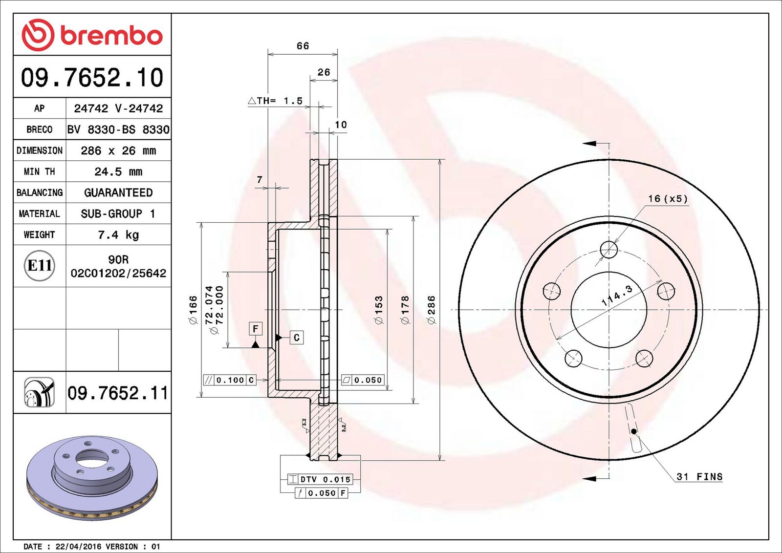Levně Brzdový kotouč BREMBO 09.7652.10