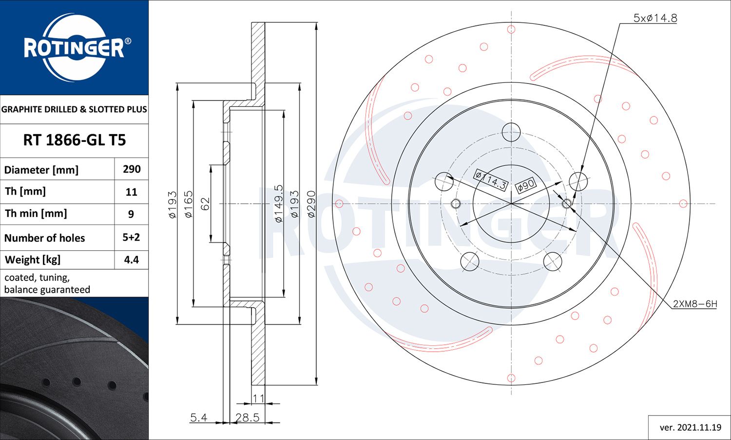 Disc frana ROTINGER GRAPHITE DRILLED & SLOTTED PLUS RT 1866-GL T5