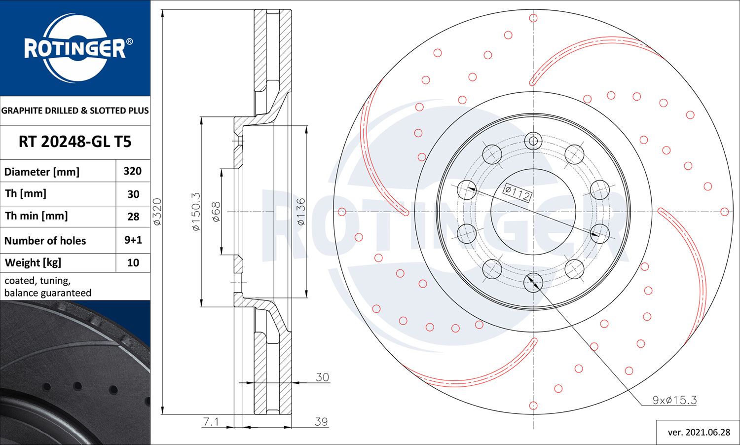 Disc frana ROTINGER GRAPHITE DRILLED & SLOTTED PLUS RT 20248-GL T5
