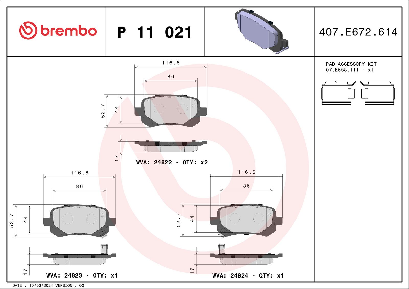 Sada brzdových destiček, kotoučová brzda BREMBO P 11 021