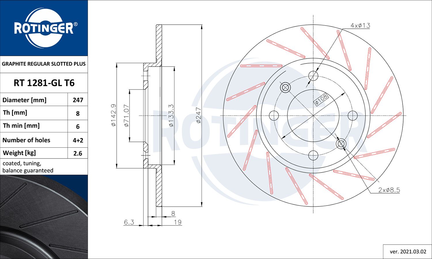 Tarcza hamulcowa ROTINGER RT 1281-GL T6