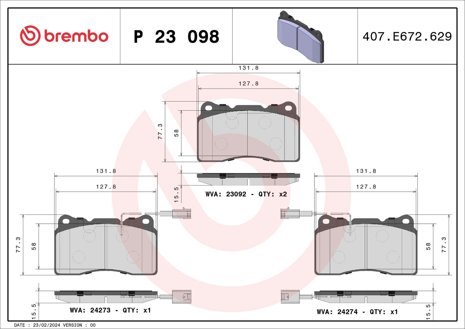 Sada brzdových destiček, kotoučová brzda BREMBO P 23 098