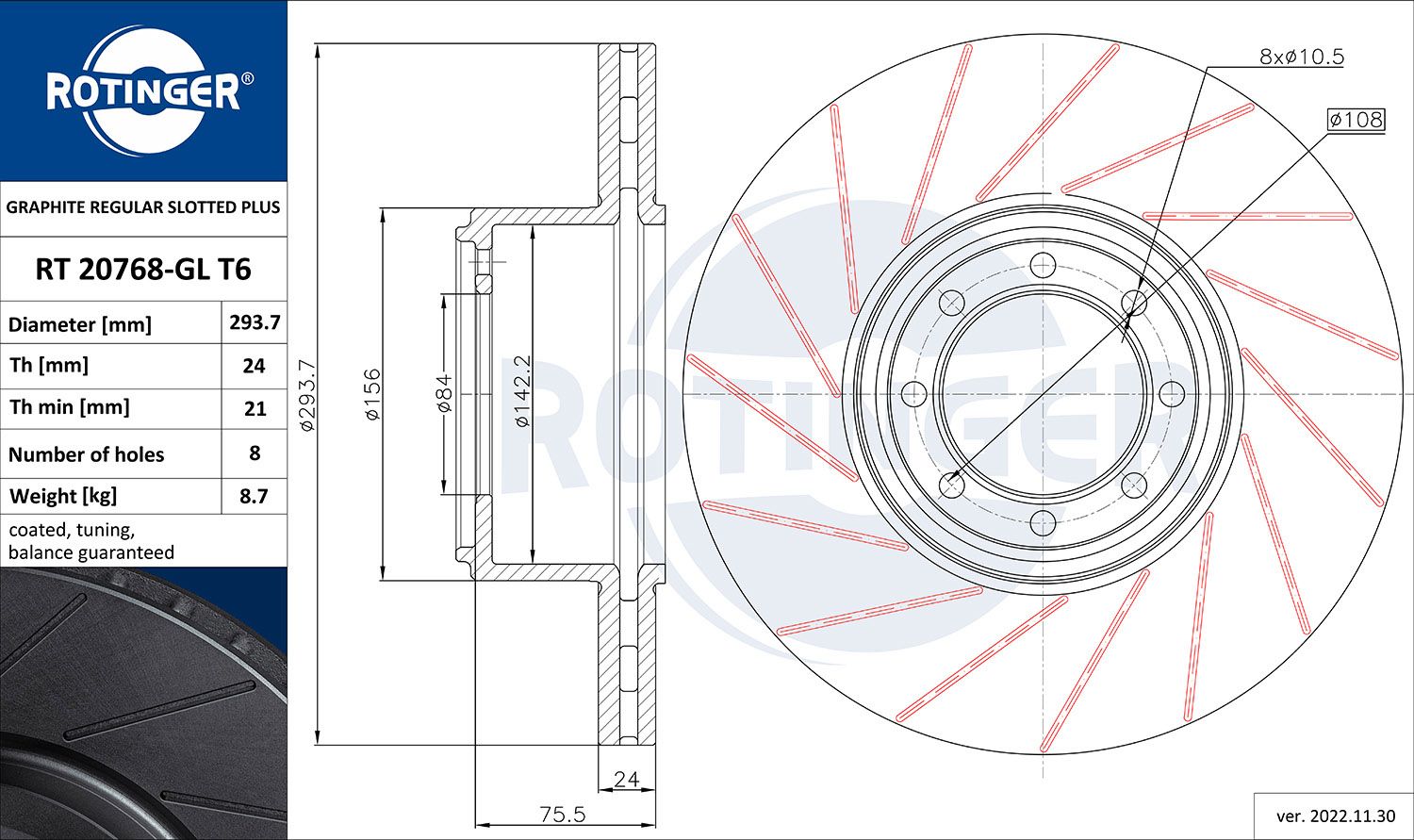 Tarcza hamulcowa ROTINGER RT 20768-GL T6