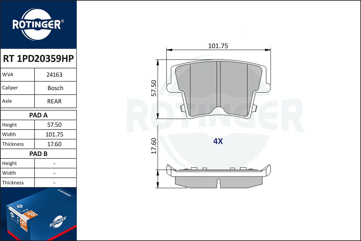 Zestaw klocków hamulcowych, hamulce tarczowe ROTINGER RT1PD20359HP