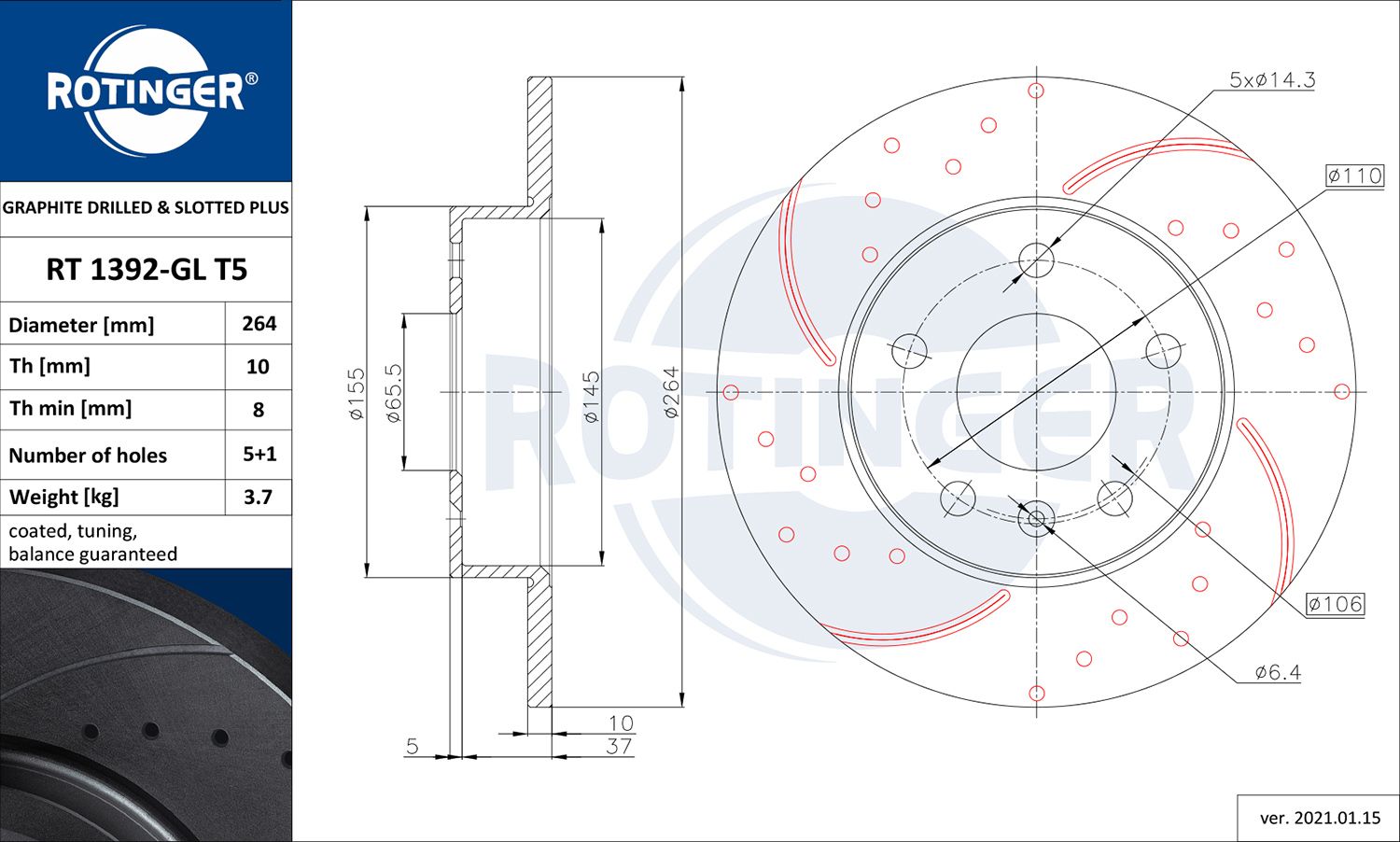 Disc frana ROTINGER GRAPHITE DRILLED & SLOTTED PLUS RT 1392-GL T5