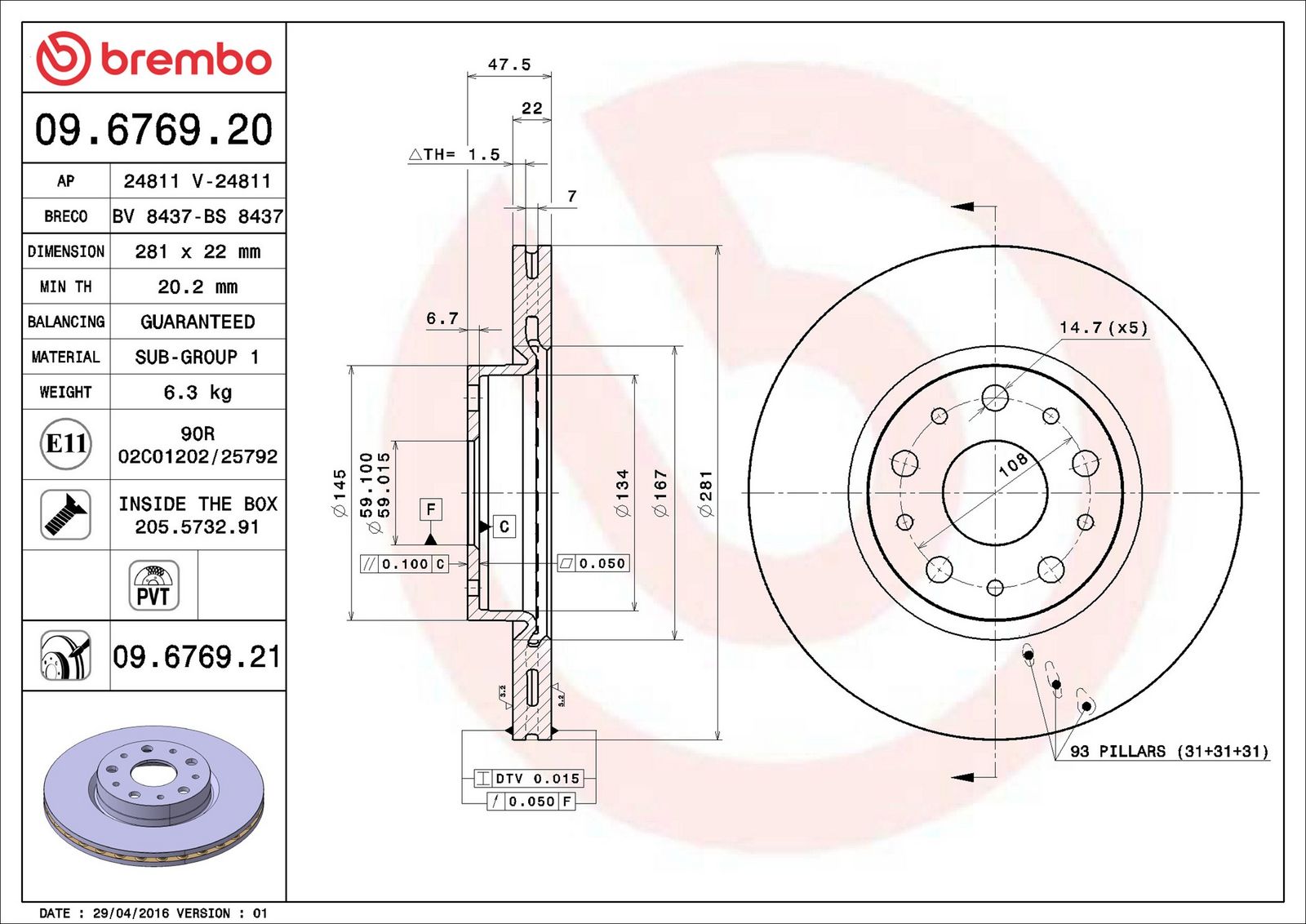 Levně Brzdový kotouč BREMBO 09.6769.21