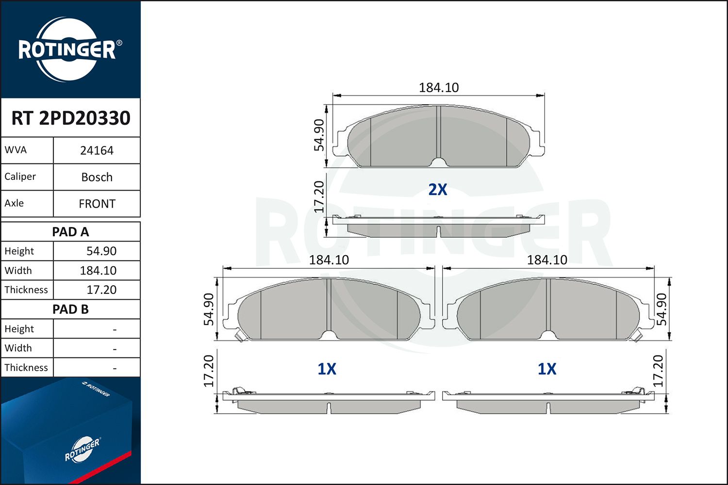 Zestaw klocków hamulcowych, hamulce tarczowe ROTINGER RT 2PD20330