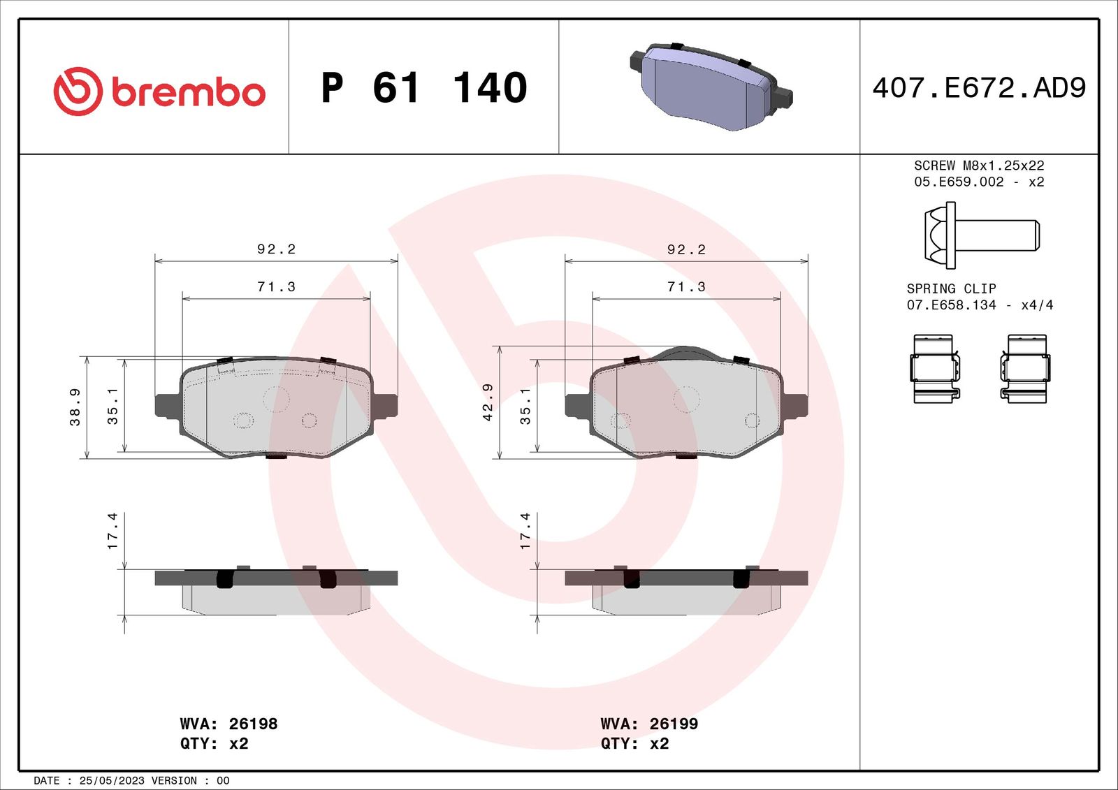 Zestaw klocków hamulcowych, hamulce tarczowe BREMBO P 61 140