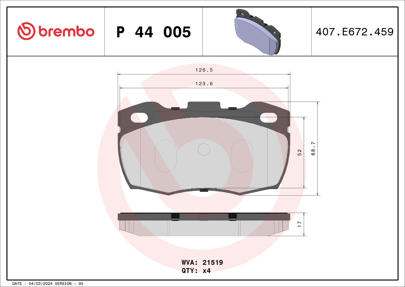 Sada brzdových destiček, kotoučová brzda BREMBO P 44 005