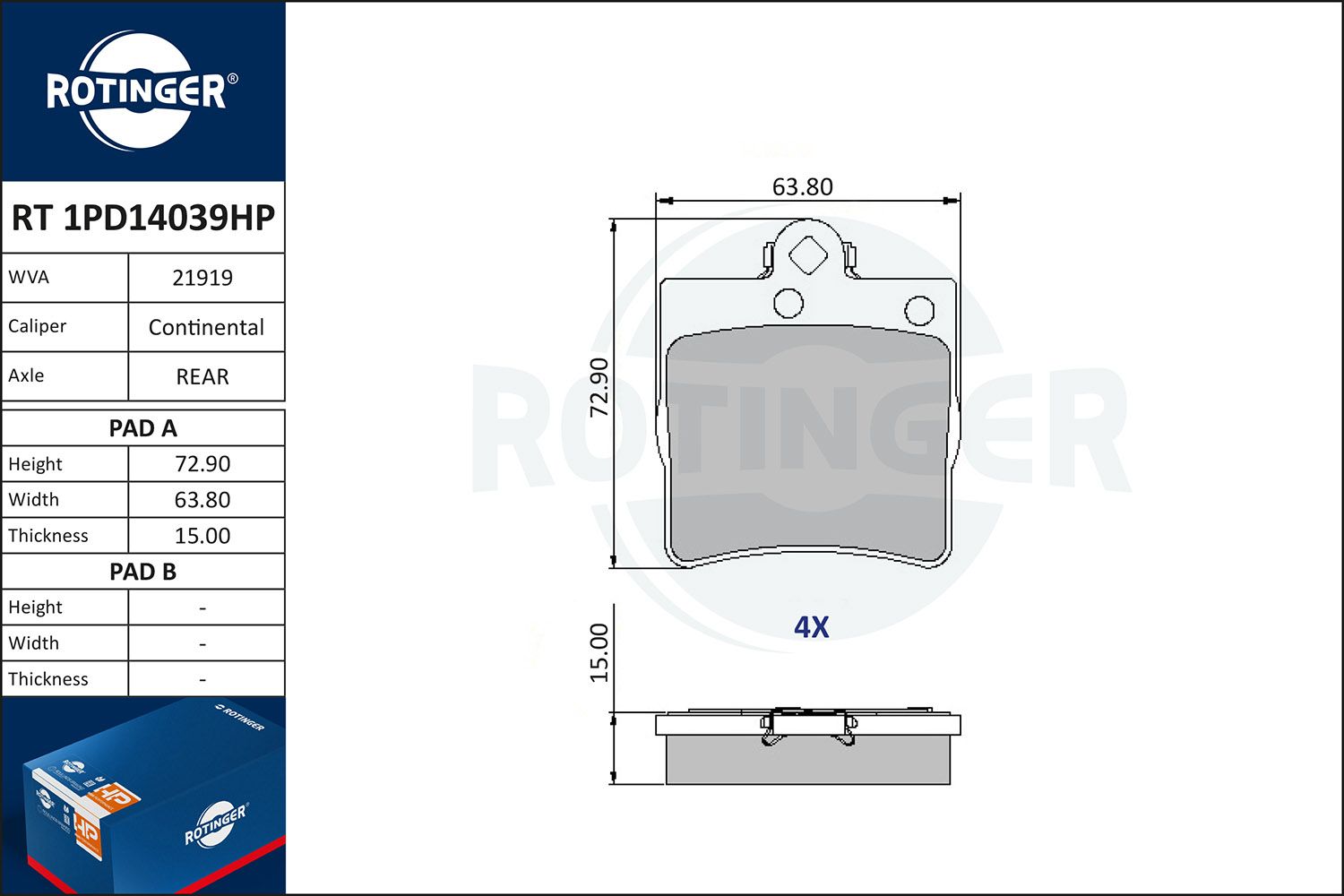 Zestaw klocków hamulcowych, hamulce tarczowe ROTINGER RT1PD14039HP