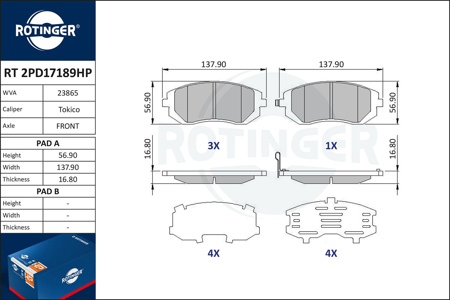 Zestaw klocków hamulcowych, hamulce tarczowe ROTINGER RT2PD17189HP