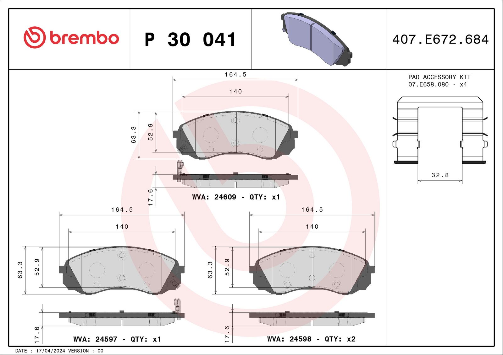 Sada brzdových destiček, kotoučová brzda BREMBO P 30 041