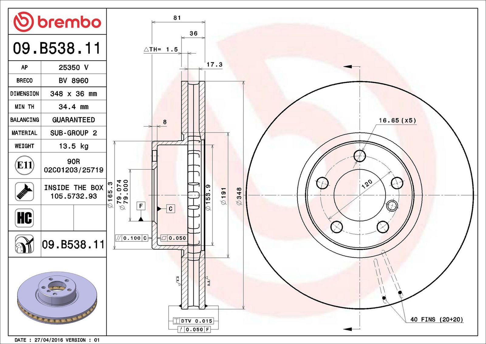 Levně Brzdový kotouč BREMBO 09.B538.11