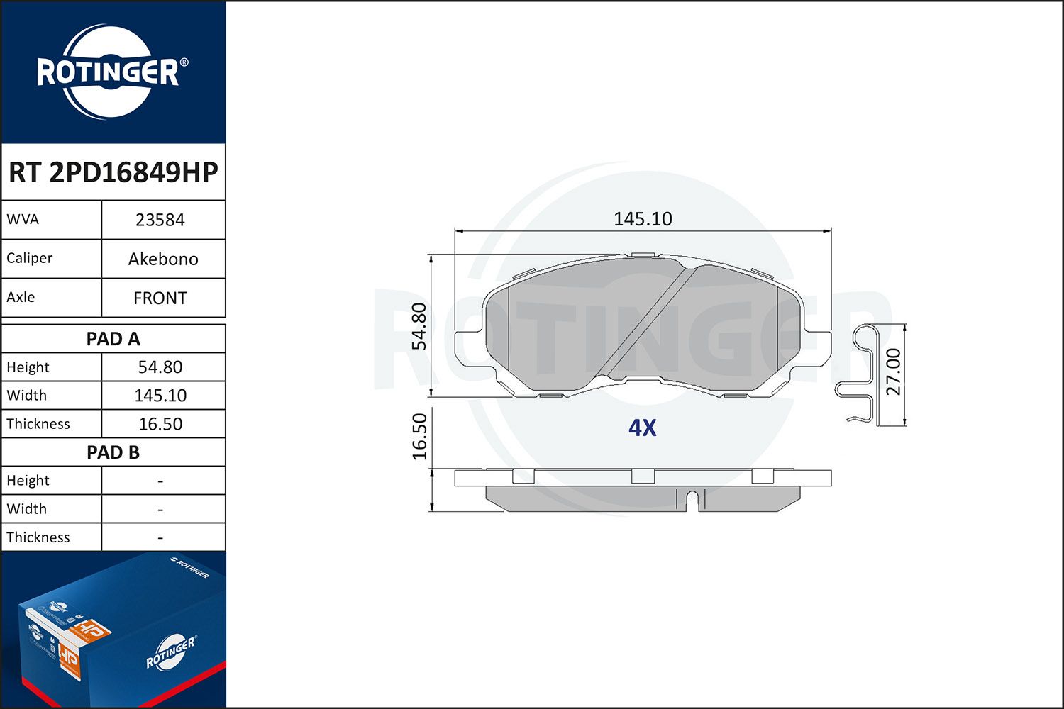 Zestaw klocków hamulcowych, hamulce tarczowe ROTINGER RT2PD16849HP