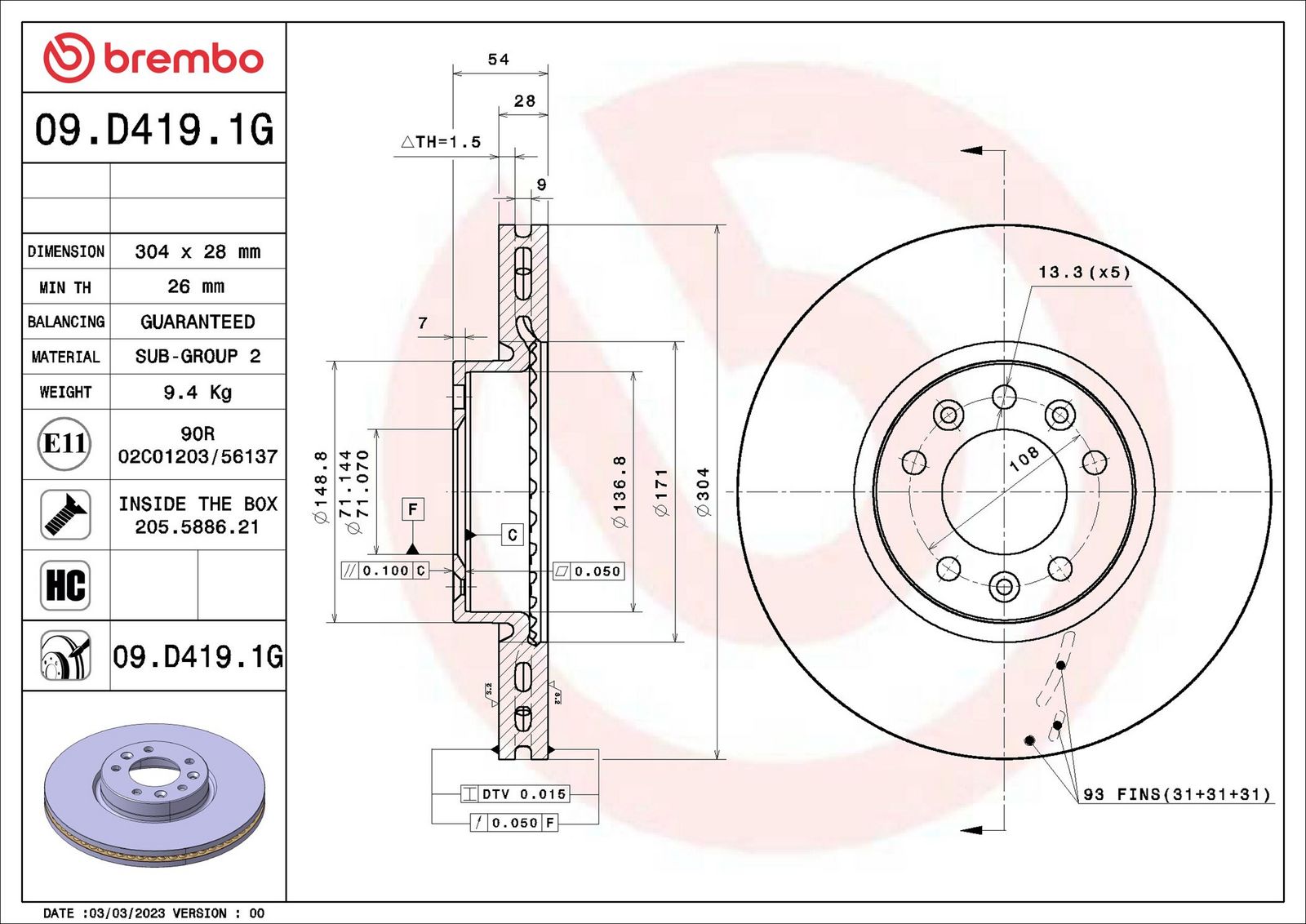 Tarcza hamulcowa BREMBO 09.D419.1G