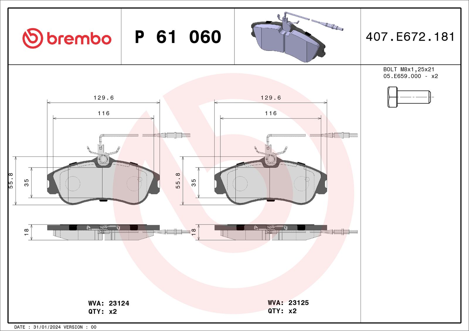 Sada brzdových platničiek kotúčovej brzdy BREMBO P 61 060