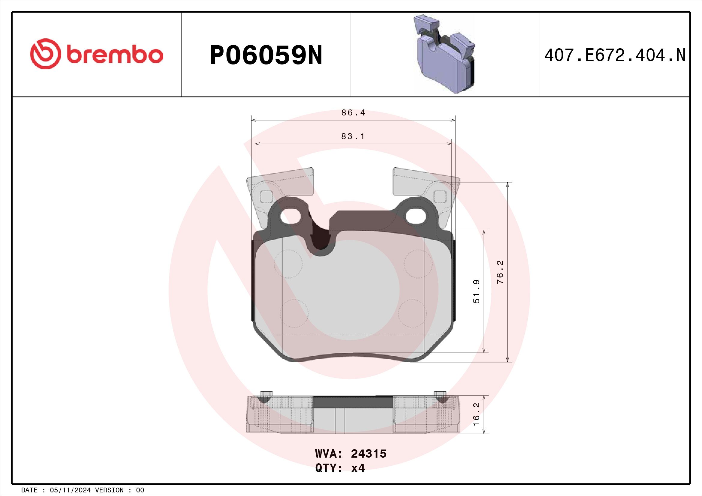 BREMBO DISC PAD -  BMW 123D E82 08-14 (RR) - TecDoc 2