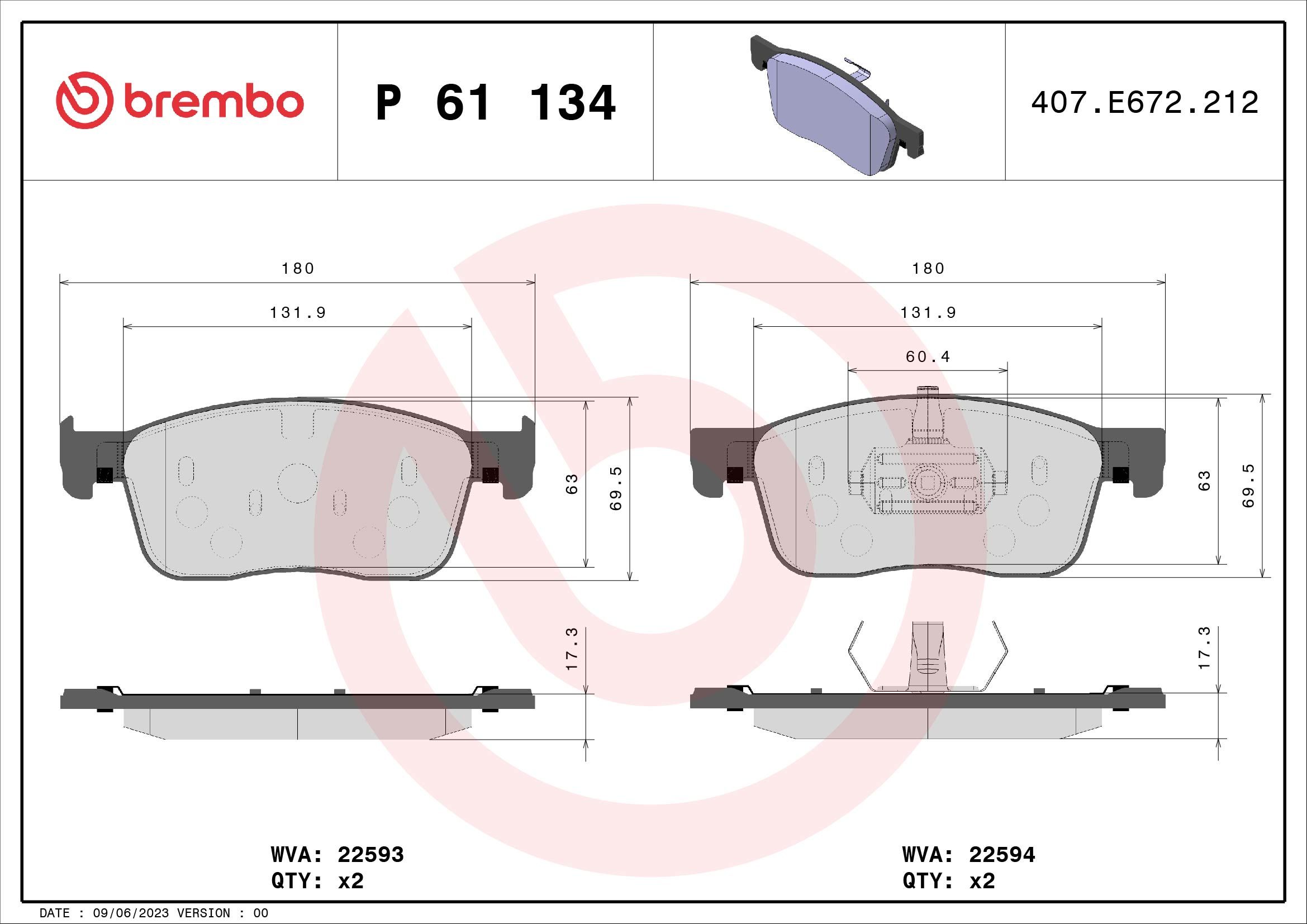 BREMBO P 61 134 - Bremsbelagsatz, Scheibenbremse PRIME LINE