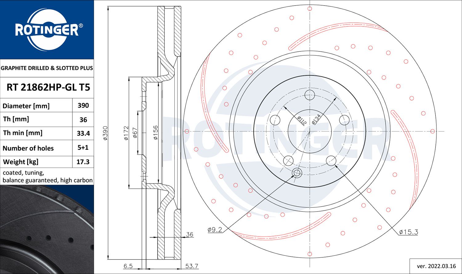 RT 21862HP-GL T5 ROTINGER GRAPHITE DRILLED & SLOTTED PLUS féktárcsa