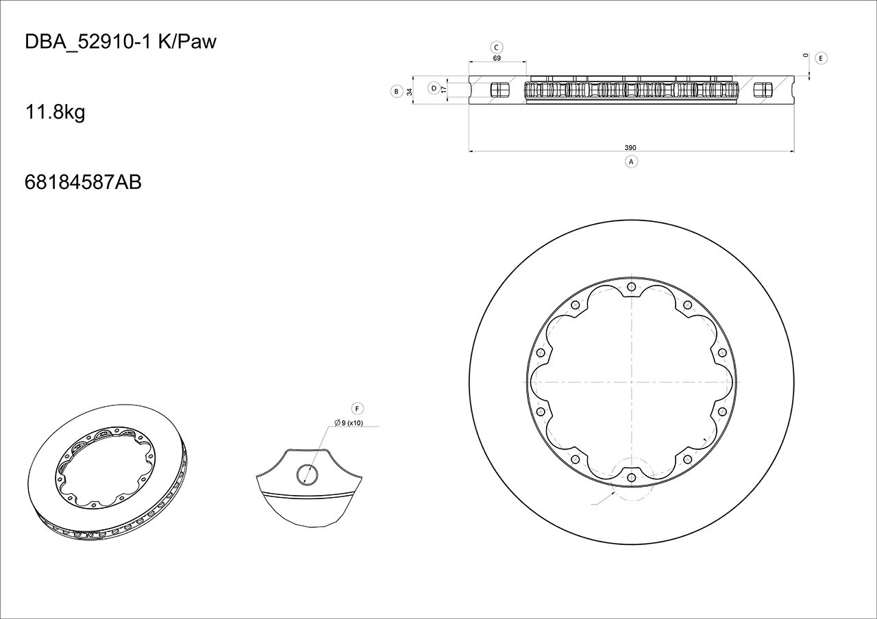 5000 Rotor Cross-drill/slotted - KP [ Dodge Charger Brembo Replacement 15-> F ] with M6 Lock Nut - TecDoc 1