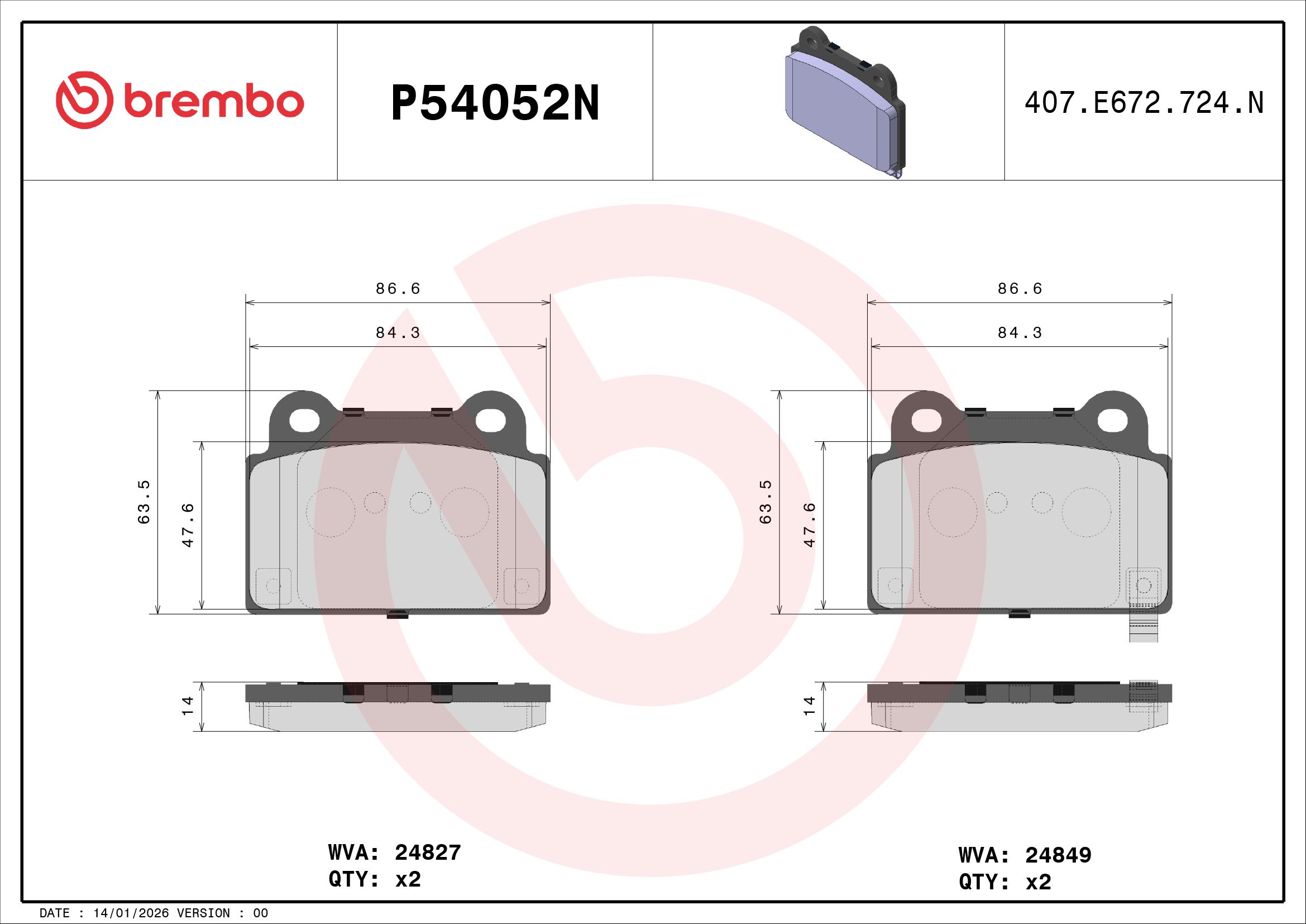 BREMBO DISC PAD -  MITSUBISHI LANCER EVO X 07-15 (RR) - TecDoc 2