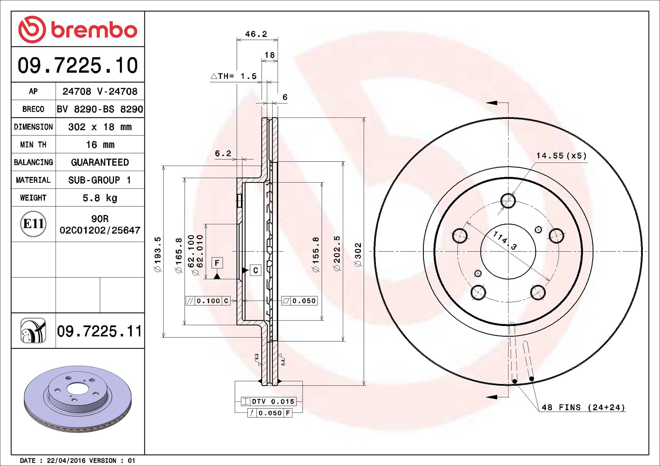 09.7225.10 BREMBO PRIME LINE féktárcsa