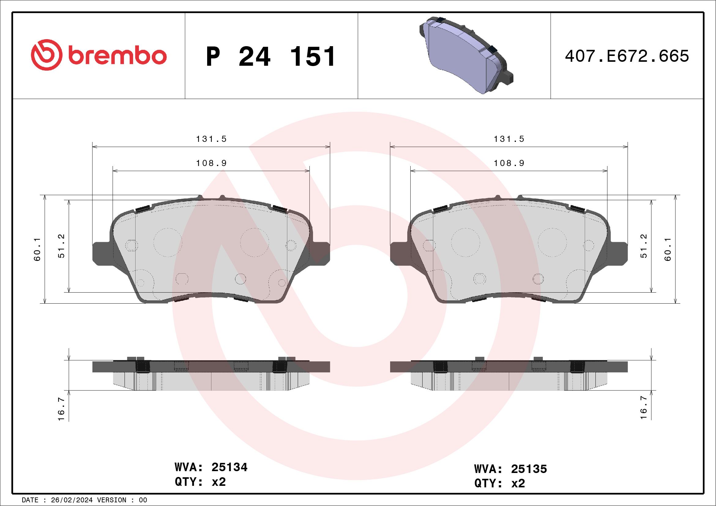 Brake Pad Set, disc brake P 24 151X