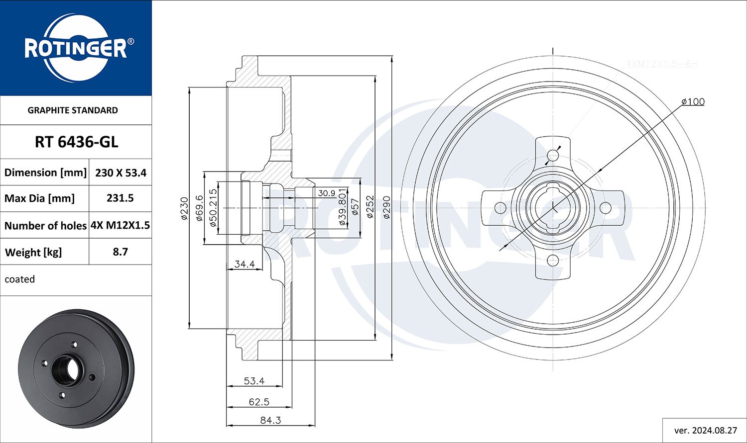 RT 6436-GL ROTINGER GRAPHITE LINE fékdob