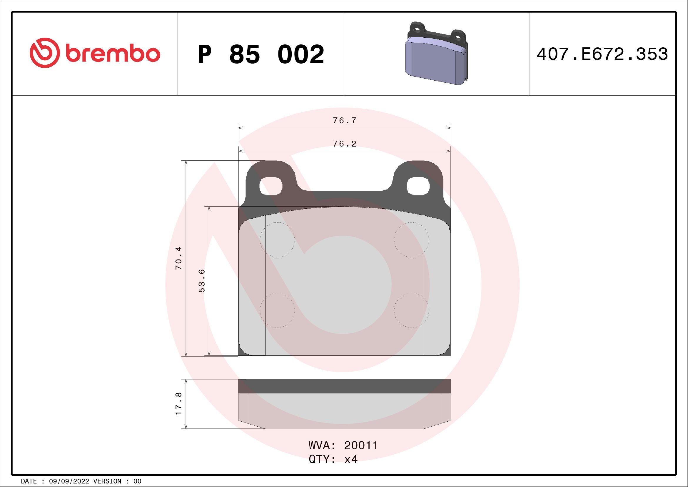 Brake Pad Set, disc brake P 85 002