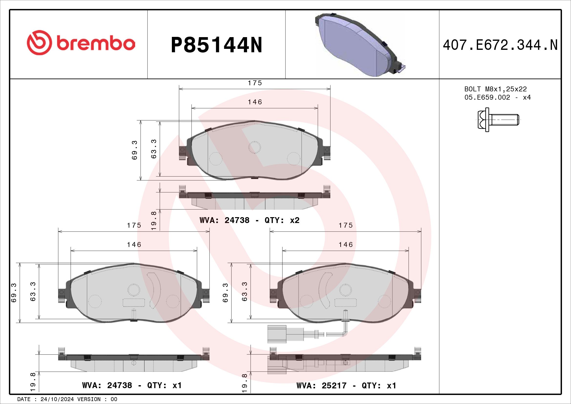 BREMBO DISC PAD -  AUDI A3 2.0 AMBITION 8V 14-16 (FRT) *1 W/Sensor - TecDoc 2