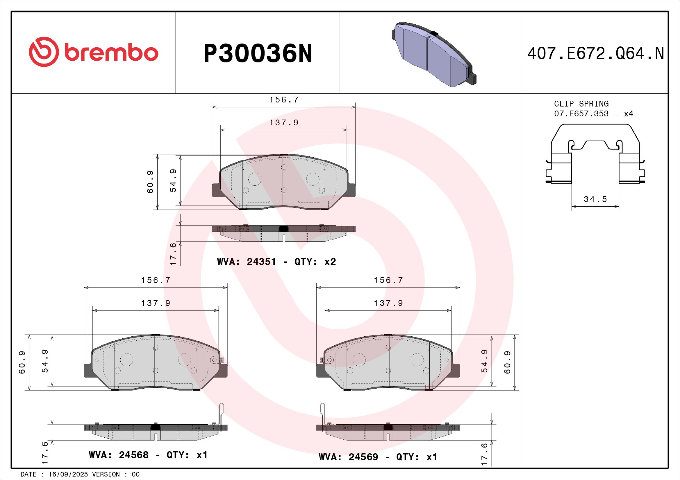 BREMBO DISC PAD -  HYUNDAI SANTA FE CM 09-13 (FRT) - TecDoc 2