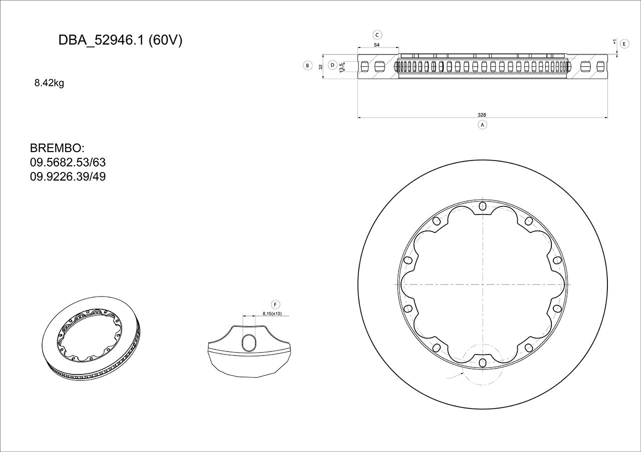 5000 Rotor Cross Drilled/Dimpled Right-hand 60CV 328mm x 32mm [ Brembo Replacement 09.9226.39/49 ] No Nuts Supplied - TecDoc Only
