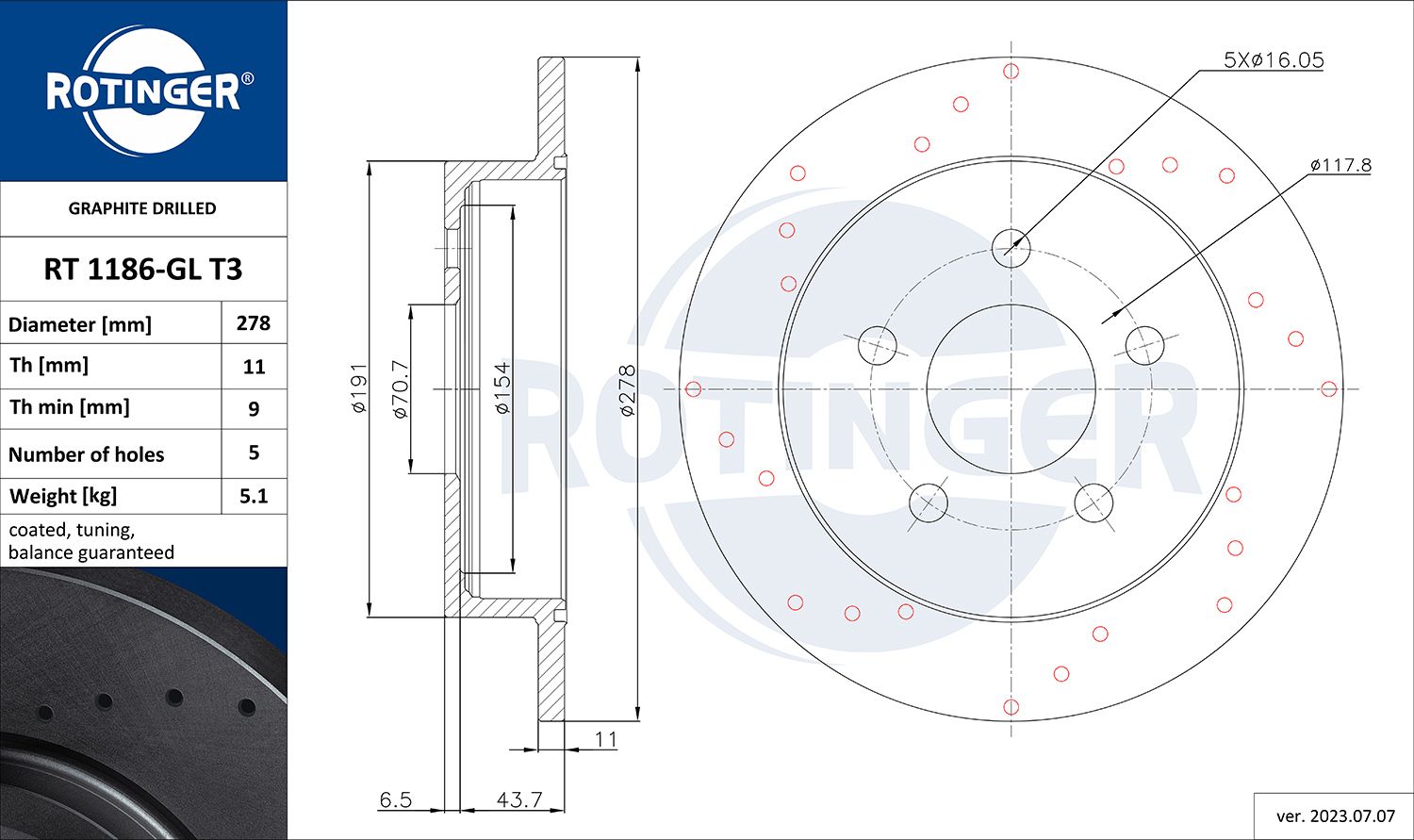 RT 1186-GL T3 ROTINGER GRAPHITE DRILLED féktárcsa