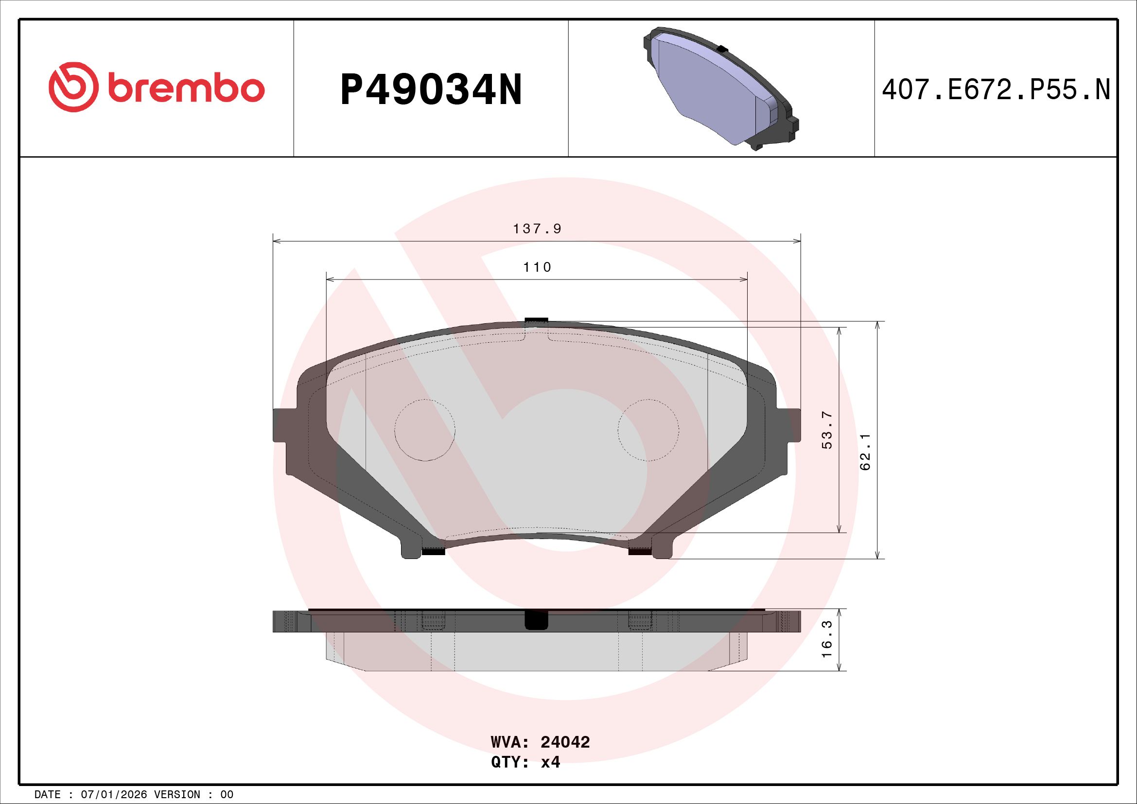BREMBO DISC PAD -  MAZDA RX-8 03-12 (FRT) - TecDoc 2