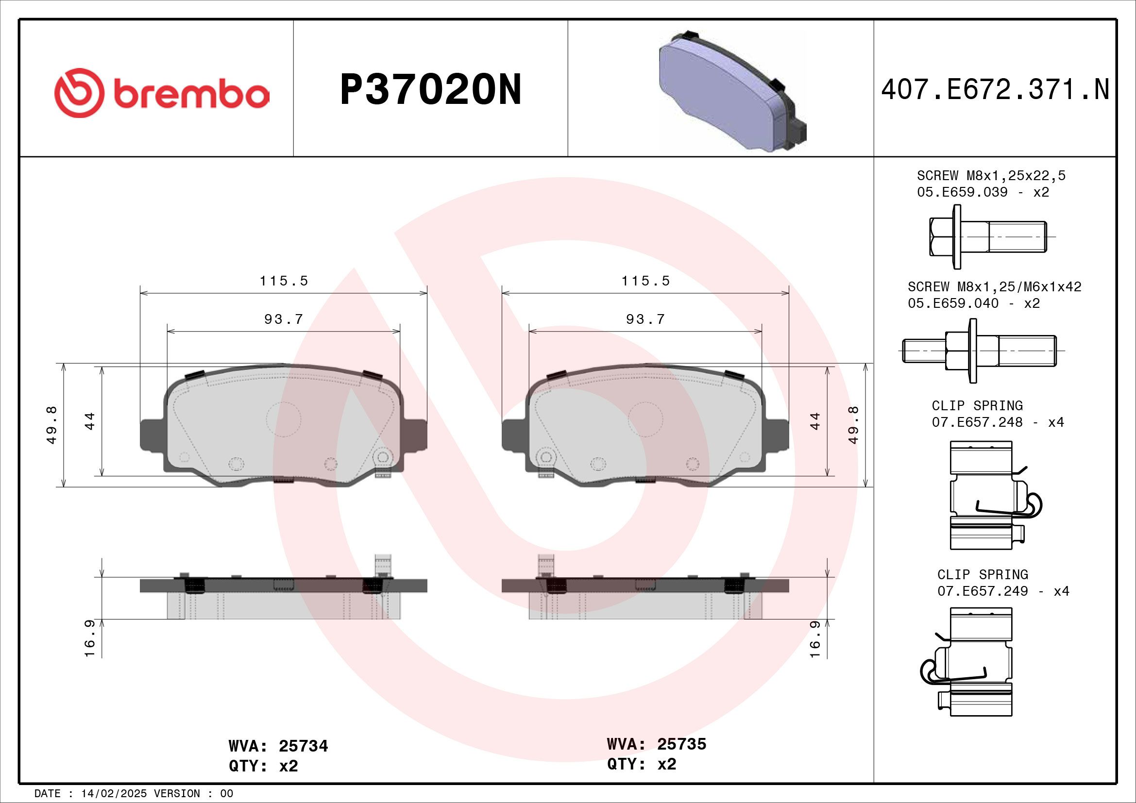 BREMBO DISC PAD -  JEEP CHEROKEE LIMITED KL 14- (RR) - TecDoc 2
