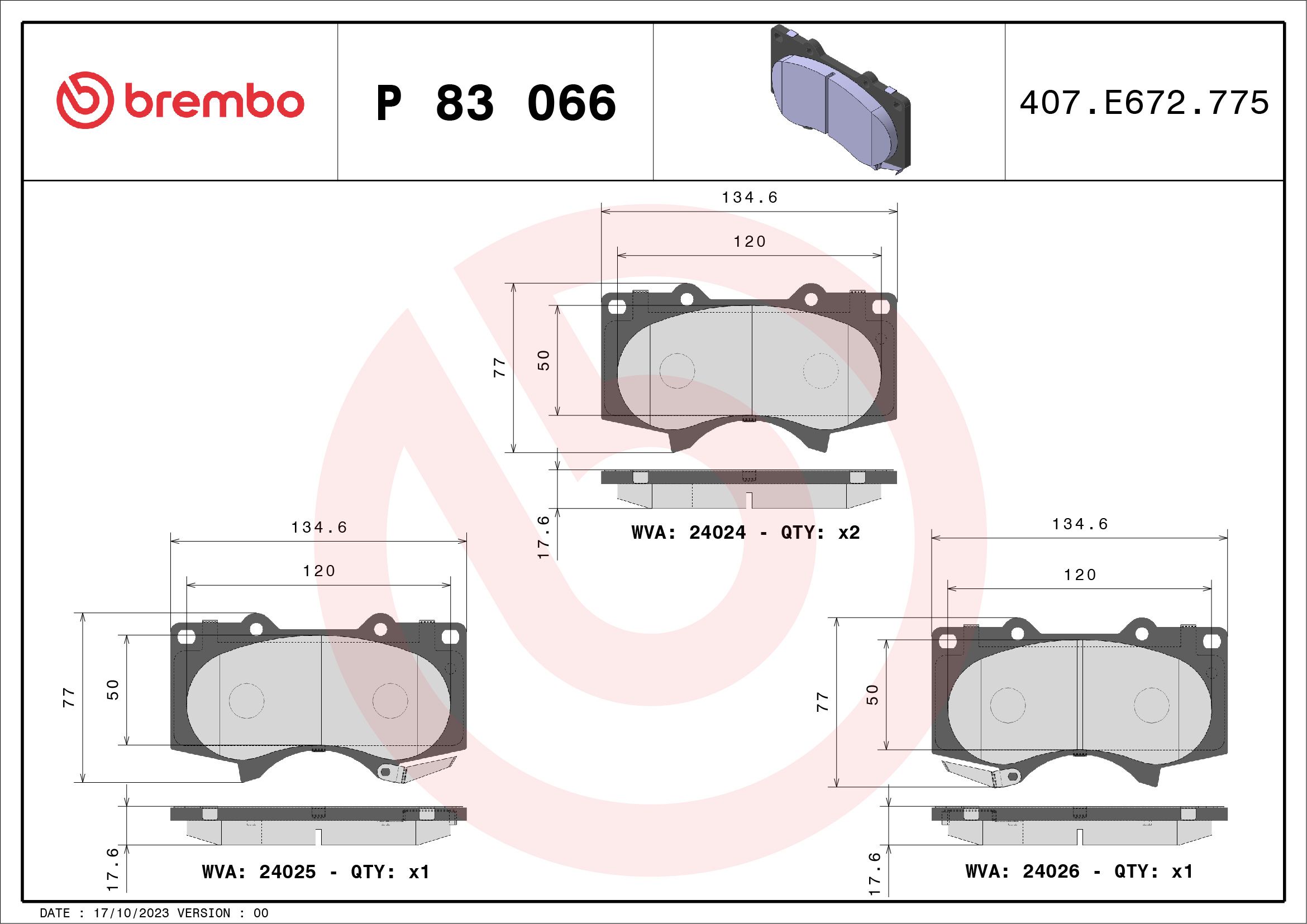 Комплект тормозных колодок, дисковый тормоз P 83 066X