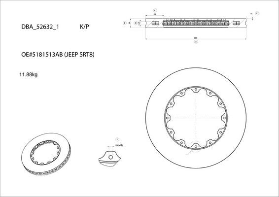 5000 Rotor Cross-drill and Dimple -  With NAS Nuts 380mm x 34mm KP [ JEEP Grand Cherokee SRT 11> FORD Mustang  15-> F ] - TecDoc Only