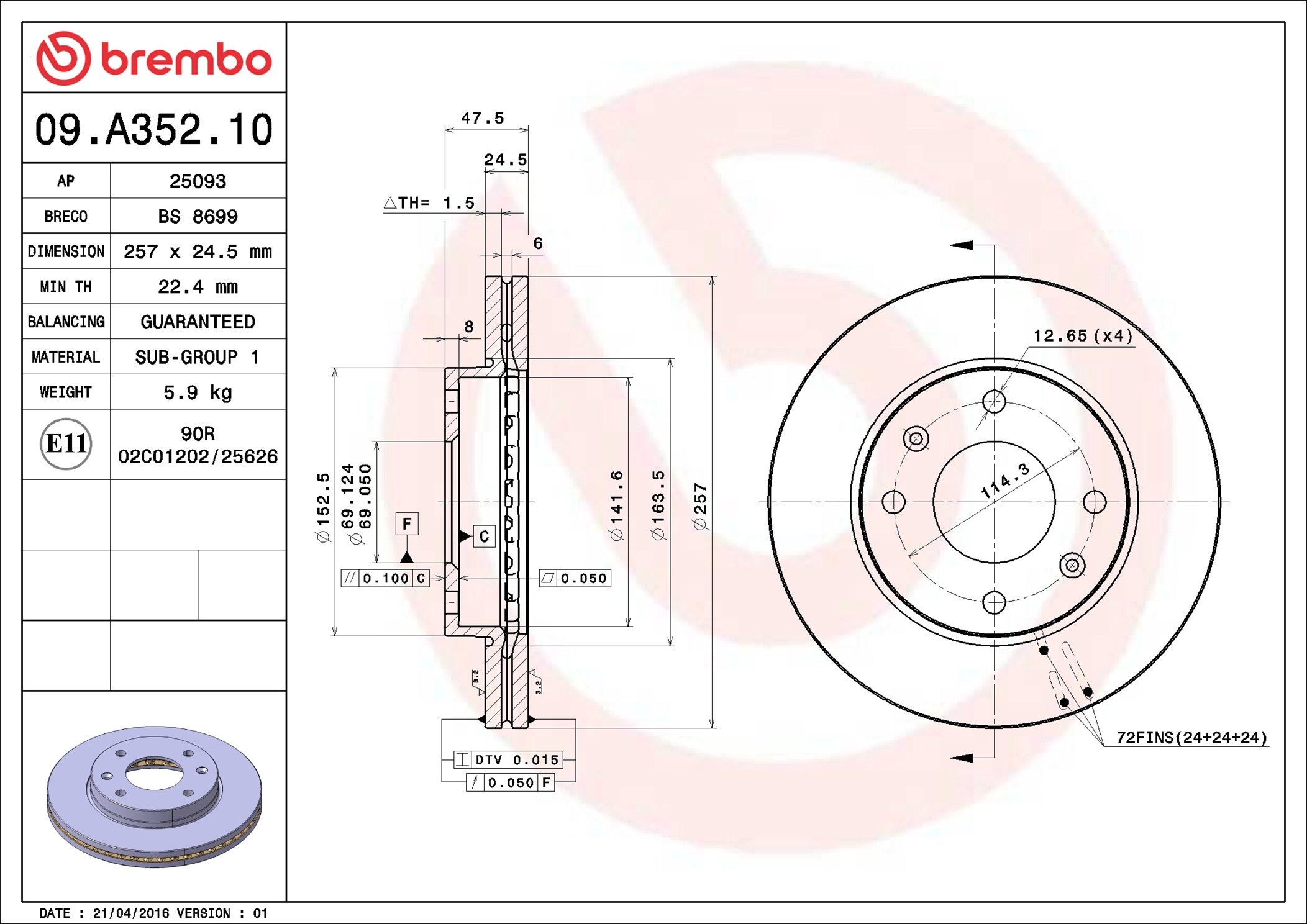 09.A352.10 BREMBO PRIME LINE féktárcsa