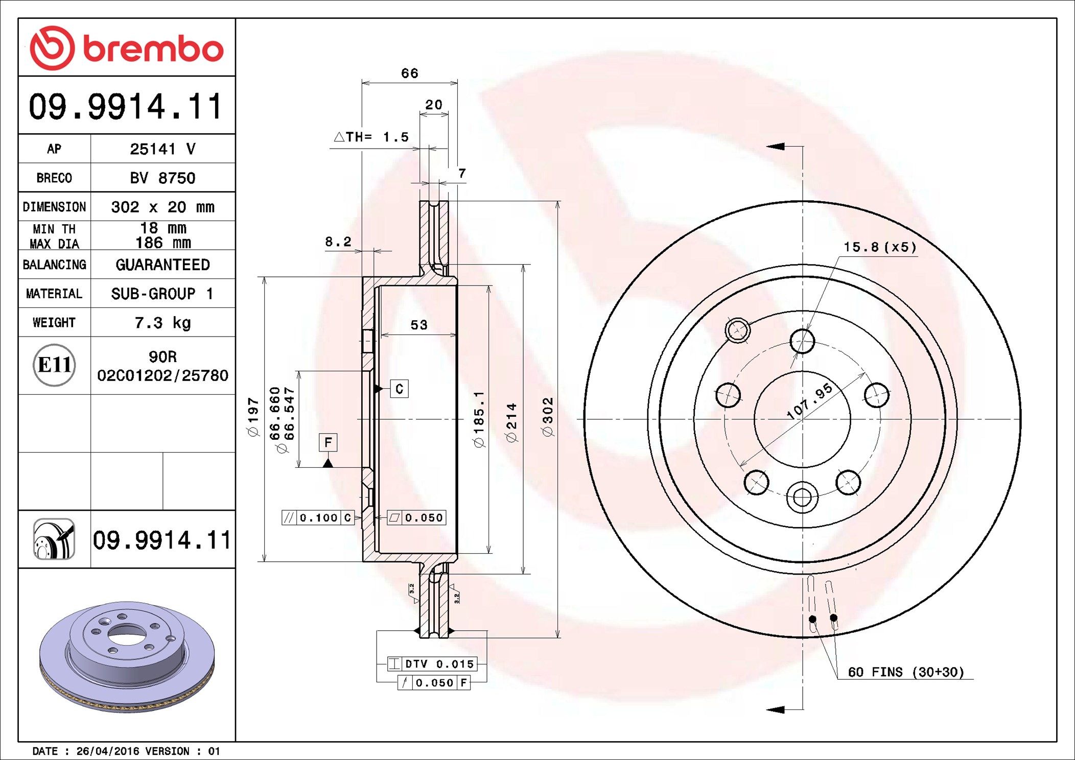 09.9914.11 BREMBO PRIME LINE - UV Coated féktárcsa