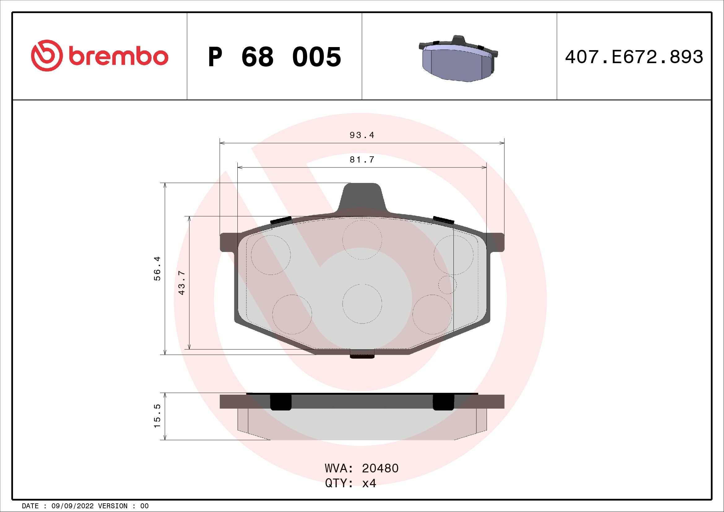 BREMBO P 68 005 - Bremsbelagsatz, Scheibenbremse PRIME LINE
