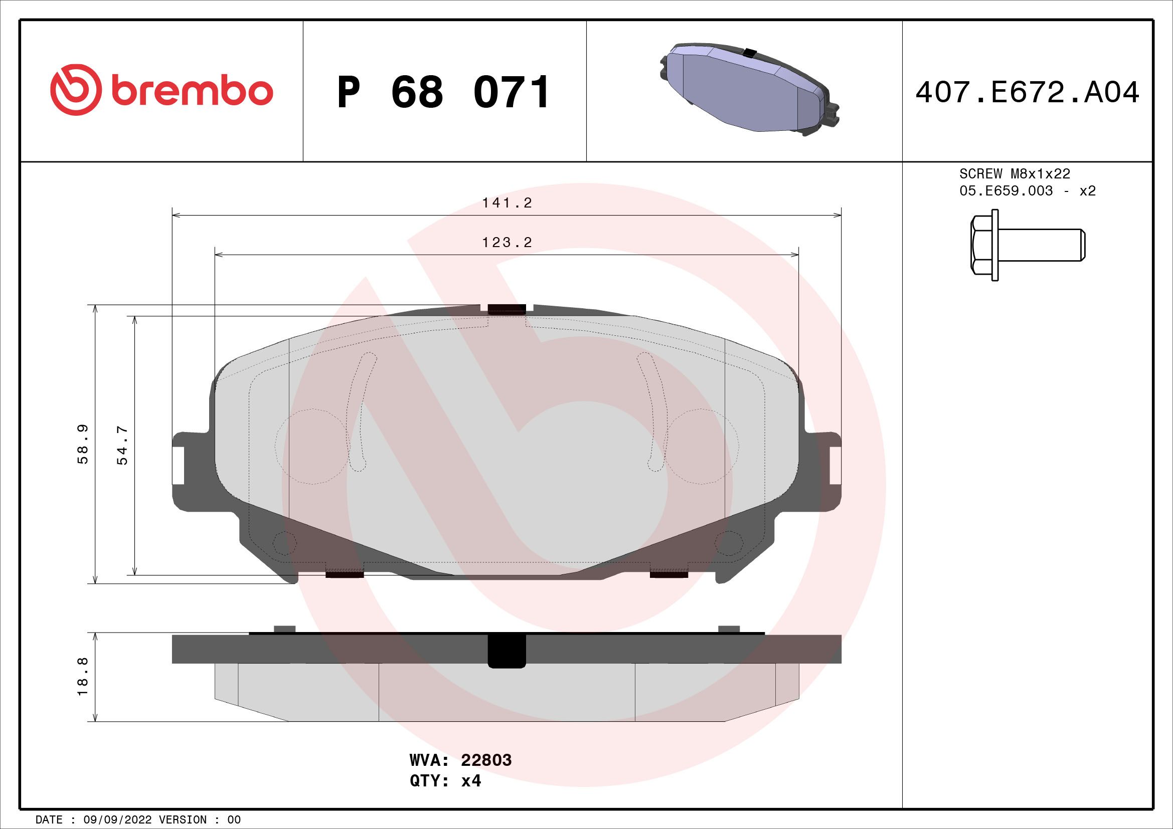 Комплект тормозных колодок, дисковый тормоз P 68 071X