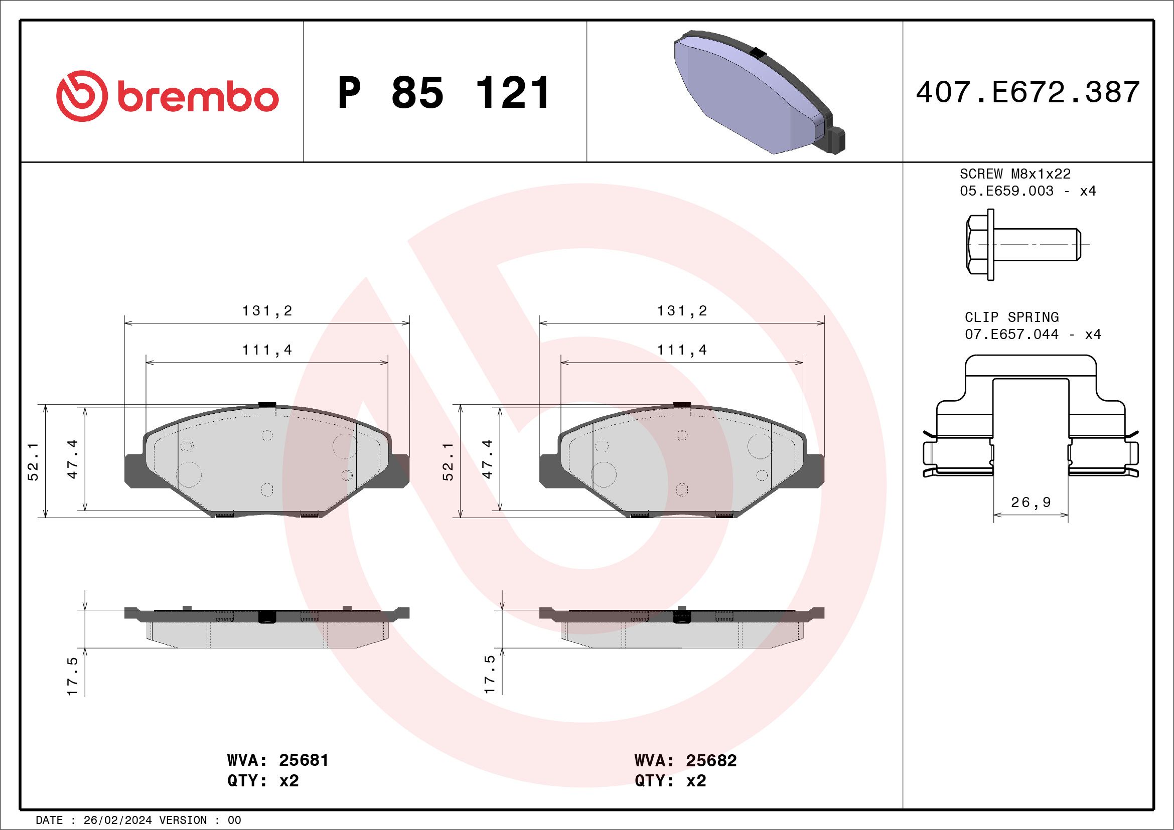 Brake Pad Set, disc brake P 85 121