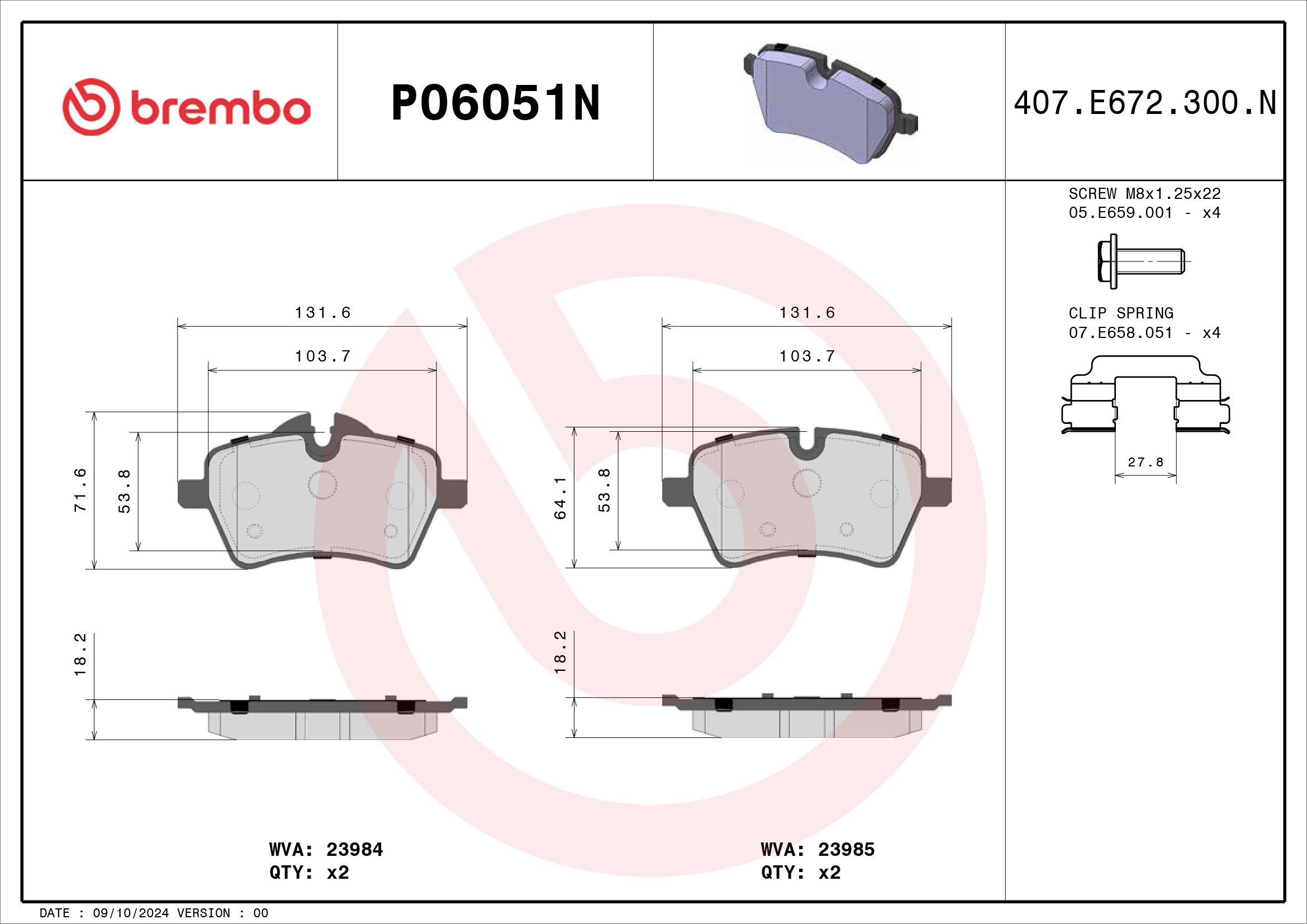BREMBO DISC PAD -  MINI COOPER S R56 05-14 (FRT) - TecDoc 2