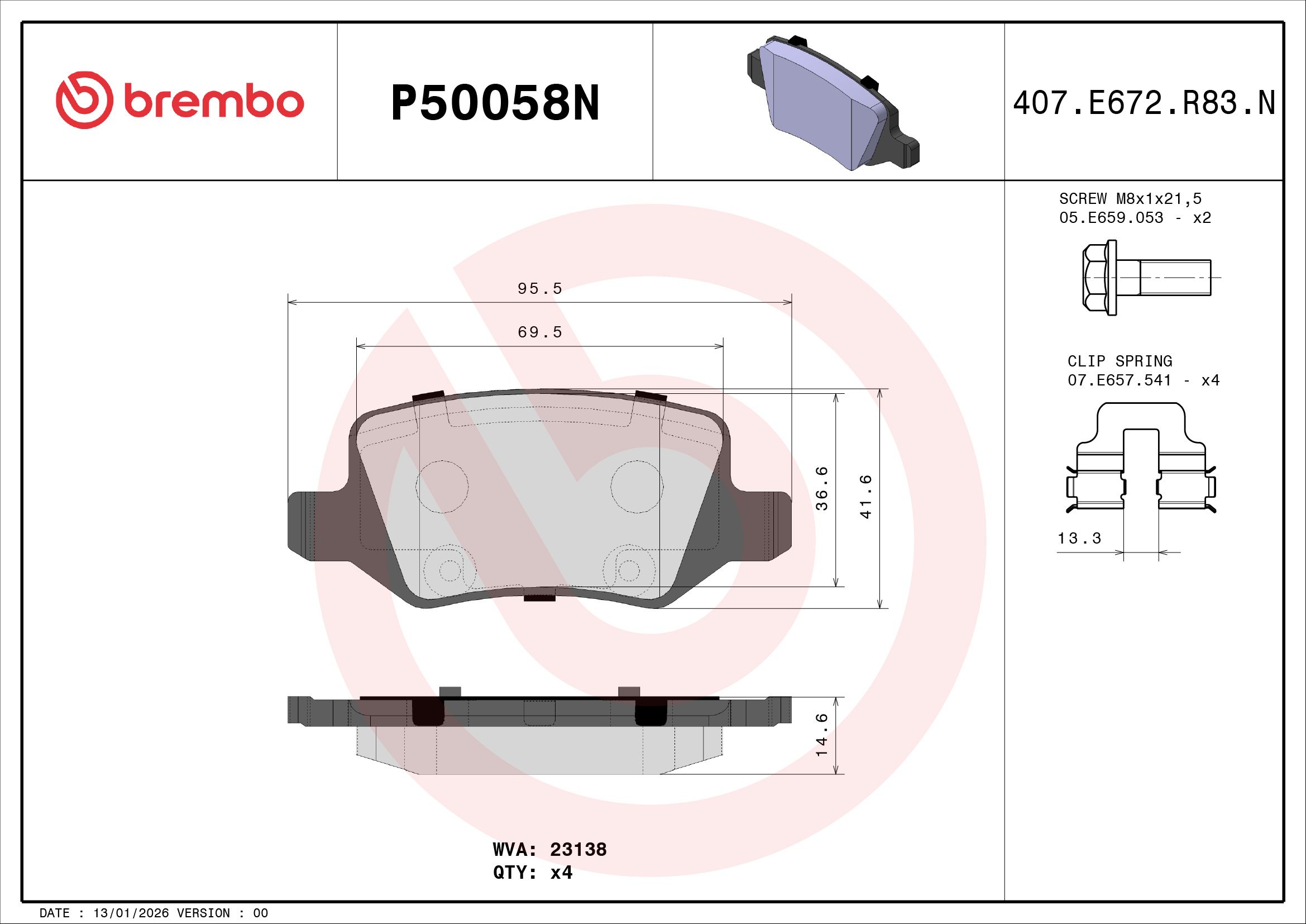 BREMBO DISC PAD -  MERCEDES BENZ A200 W169 05-10 (RR) - TecDoc Only