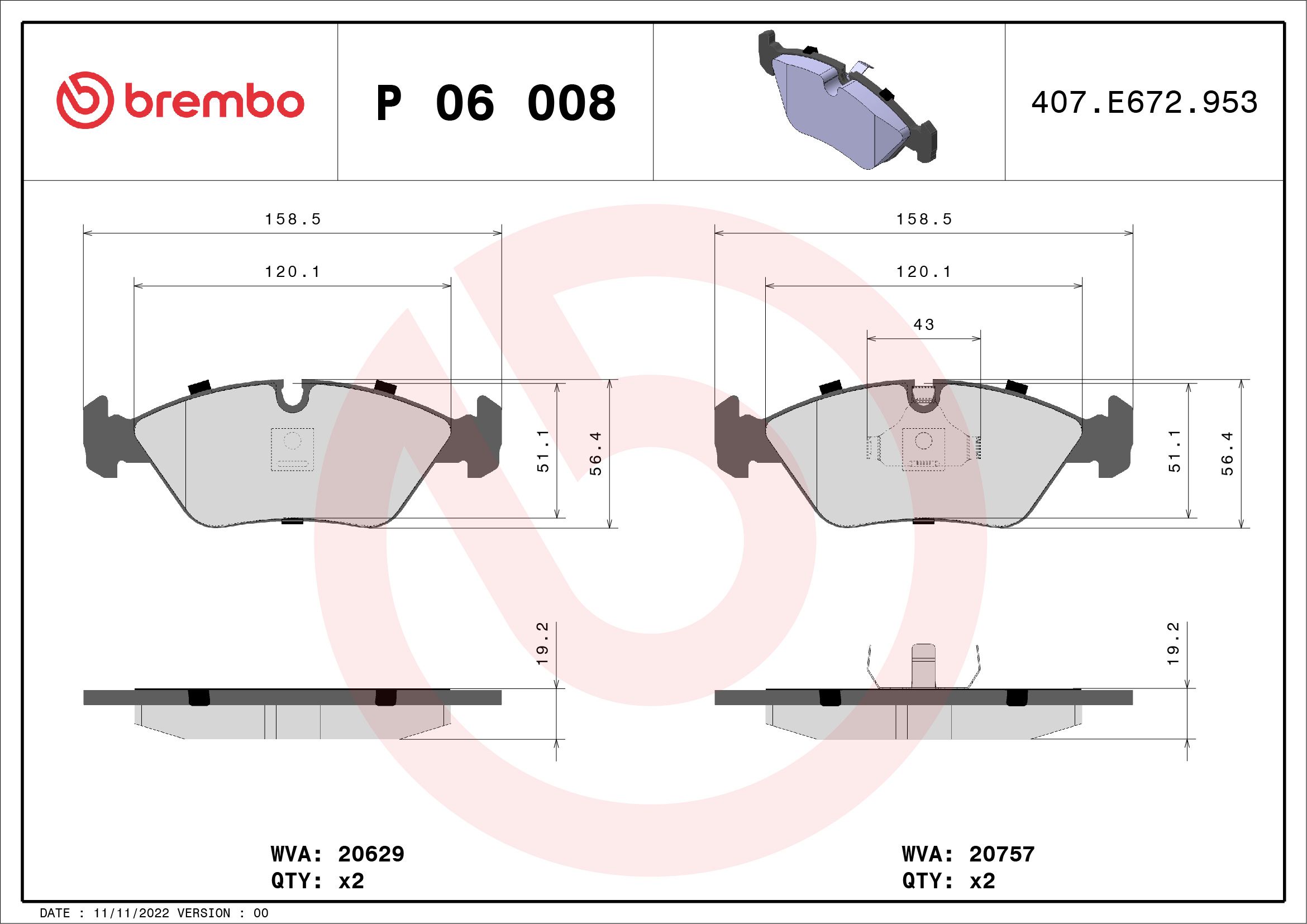 BREMBO P 06 008 - Bremsbelagsatz, Scheibenbremse PRIME LINE