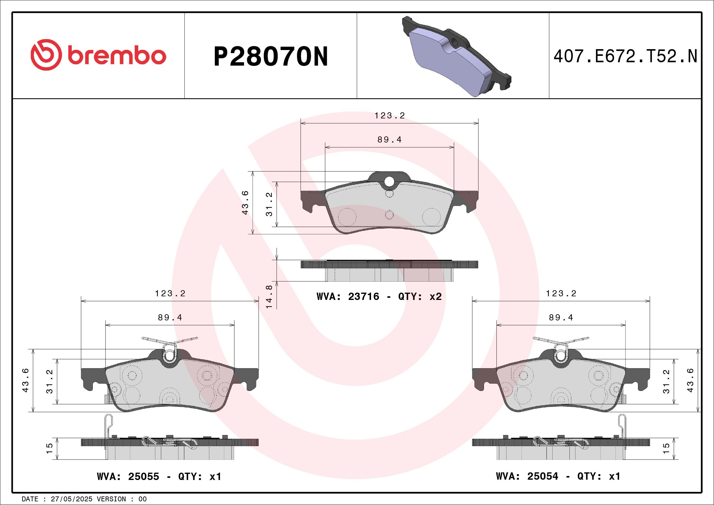 BREMBO DISC PAD -  HONDA CIVIC IX 12- (RR) - TecDoc 1