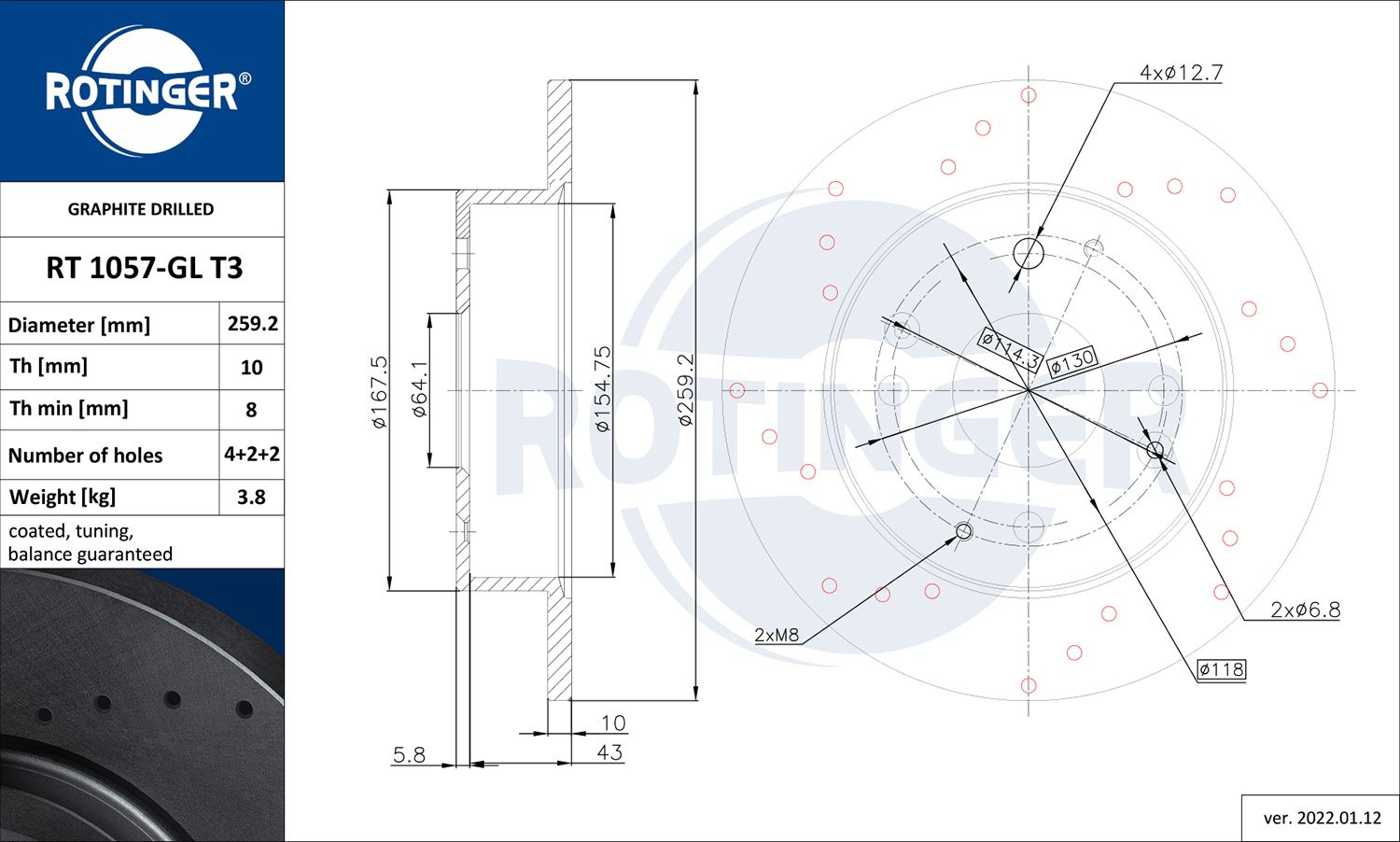 RT 1057-GL T3 ROTINGER GRAPHITE DRILLED féktárcsa