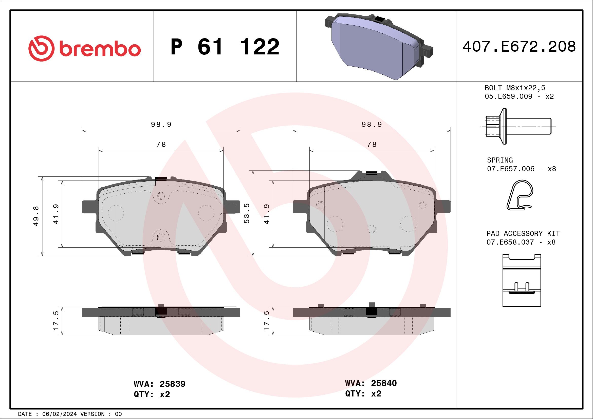 Brake Pad Set, disc brake P 61 122