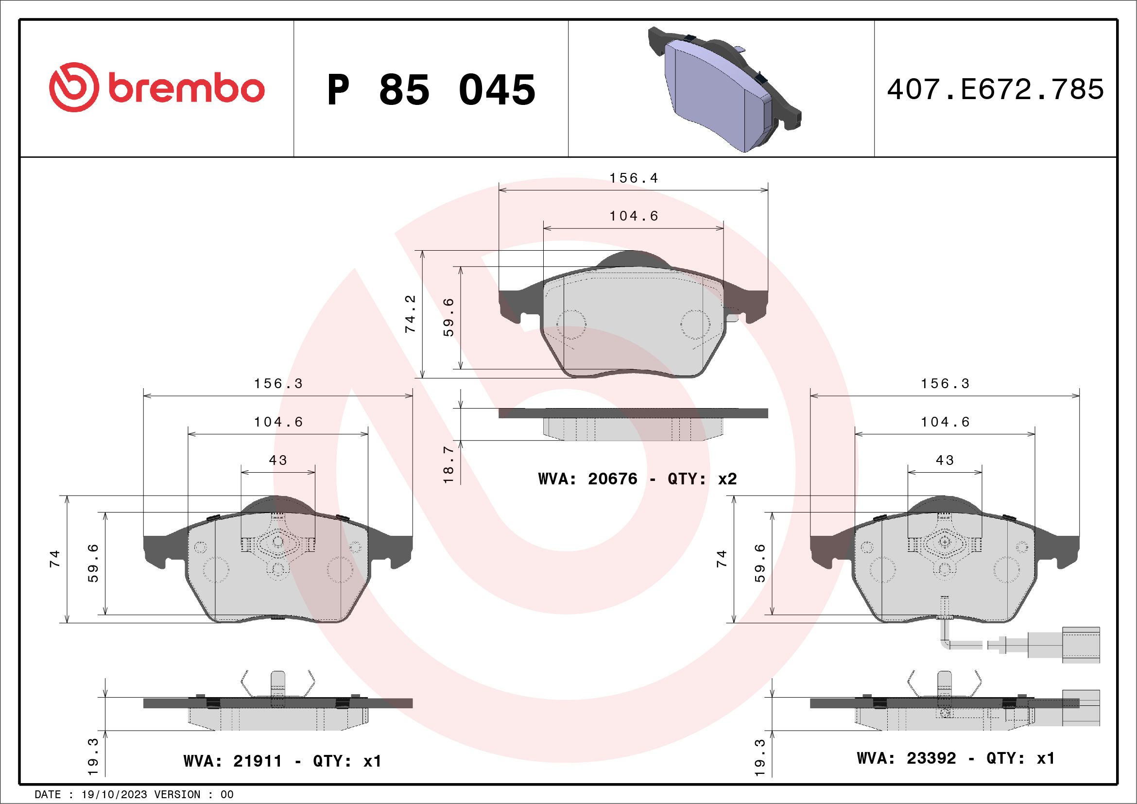 Brake Pad Set, disc brake P 85 045